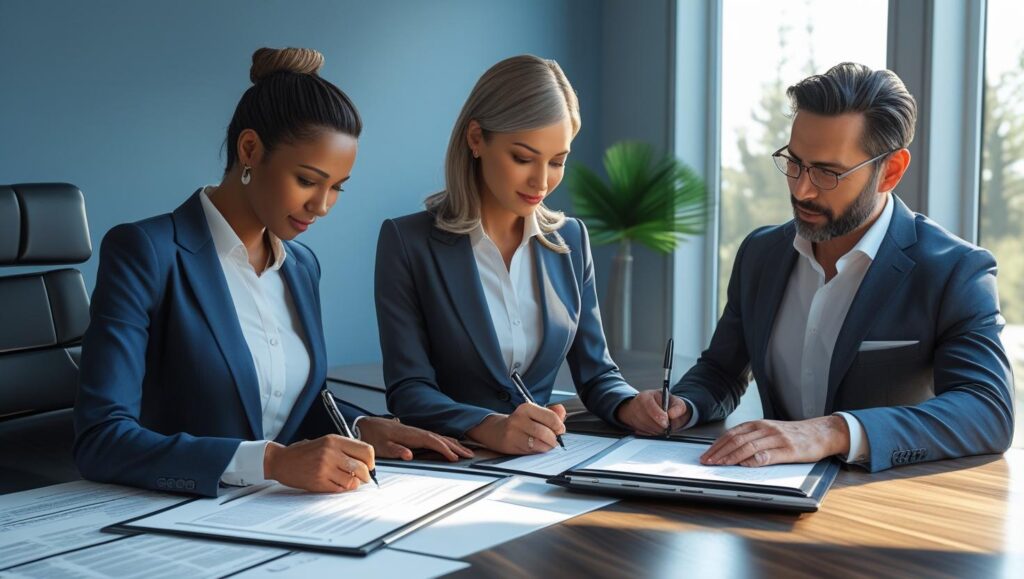 Business owners signing documents in professional meeting
