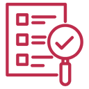 Red checklist icon with magnifying glass