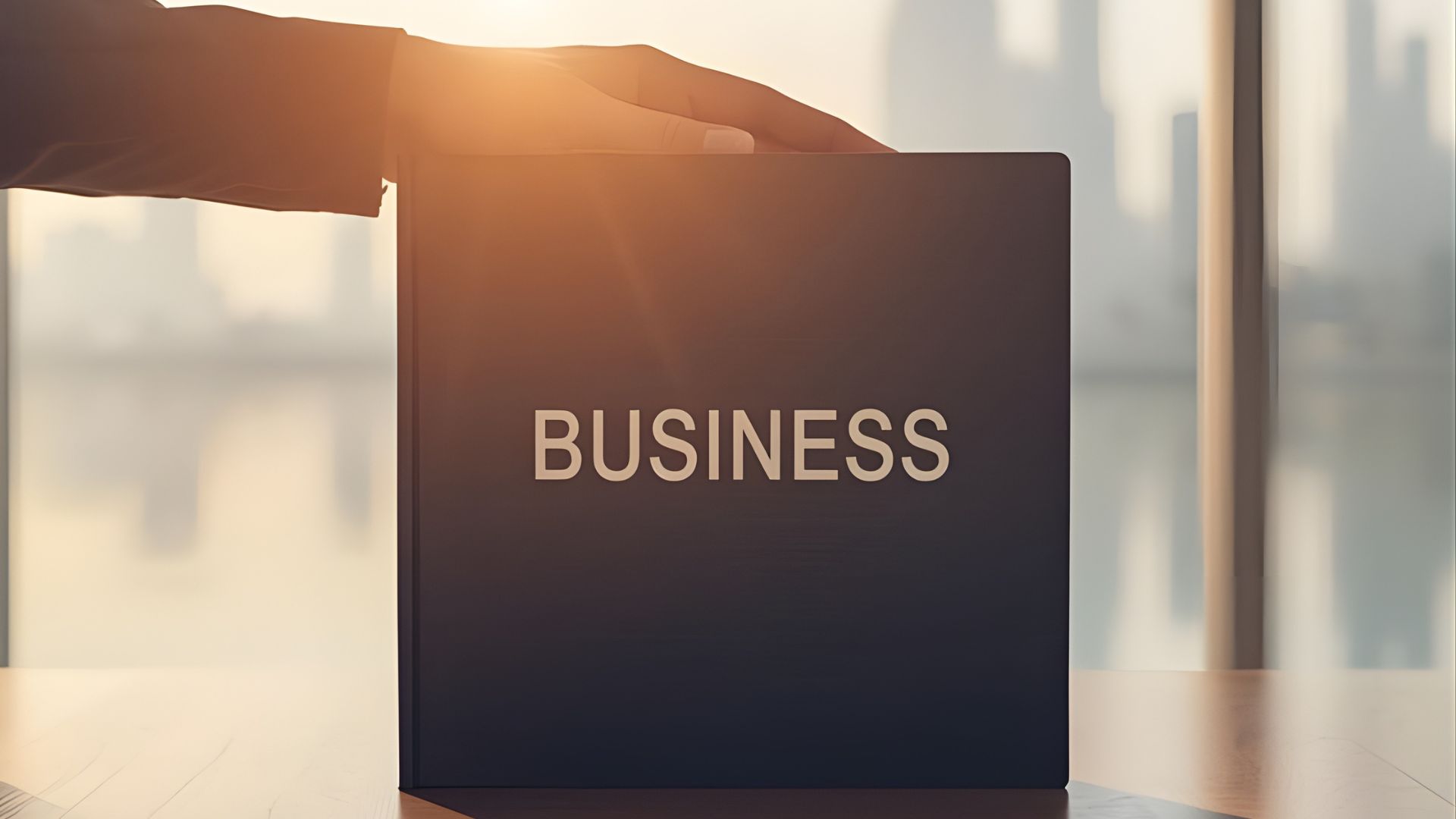 Hand holding business sign in modern office setting