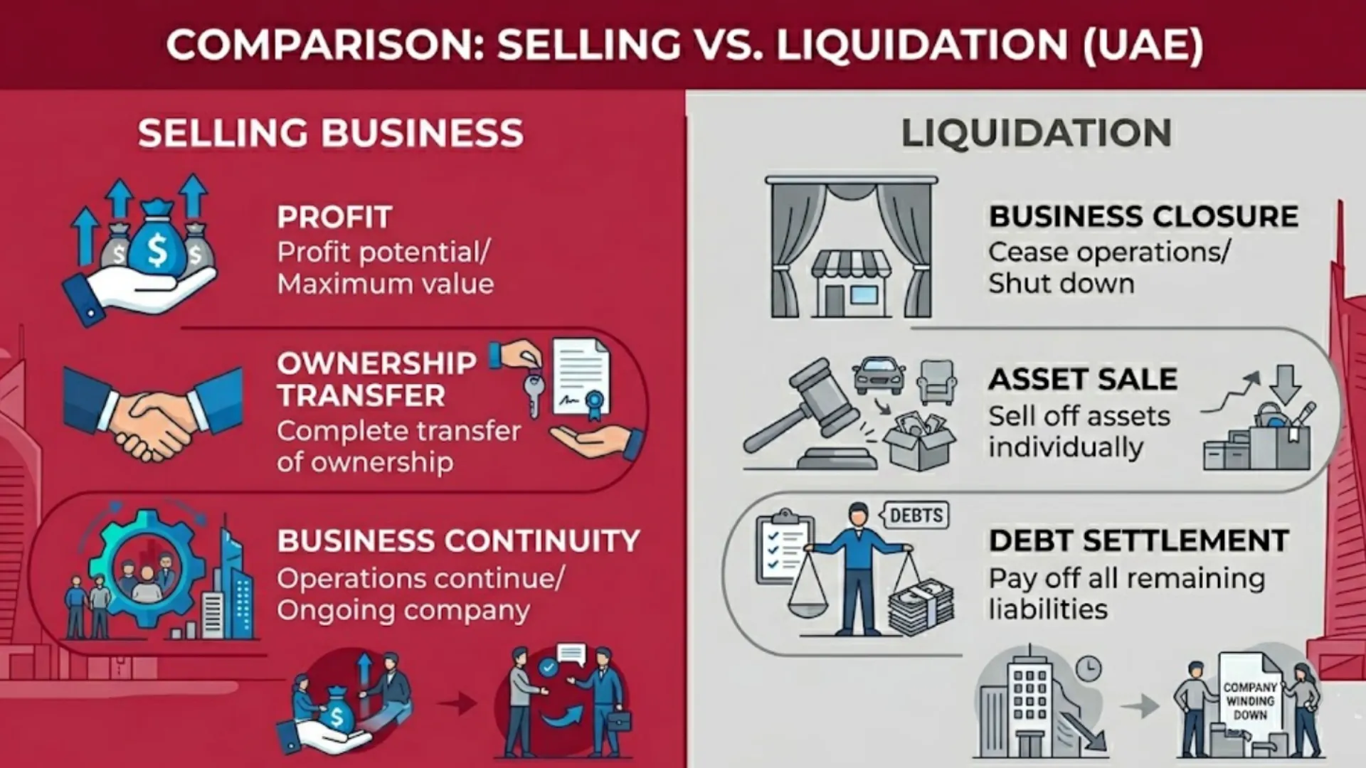 Comparison of selling a business vs company liquidation in UAE showing profit, ownership transfer, asset sale, and debt settlement